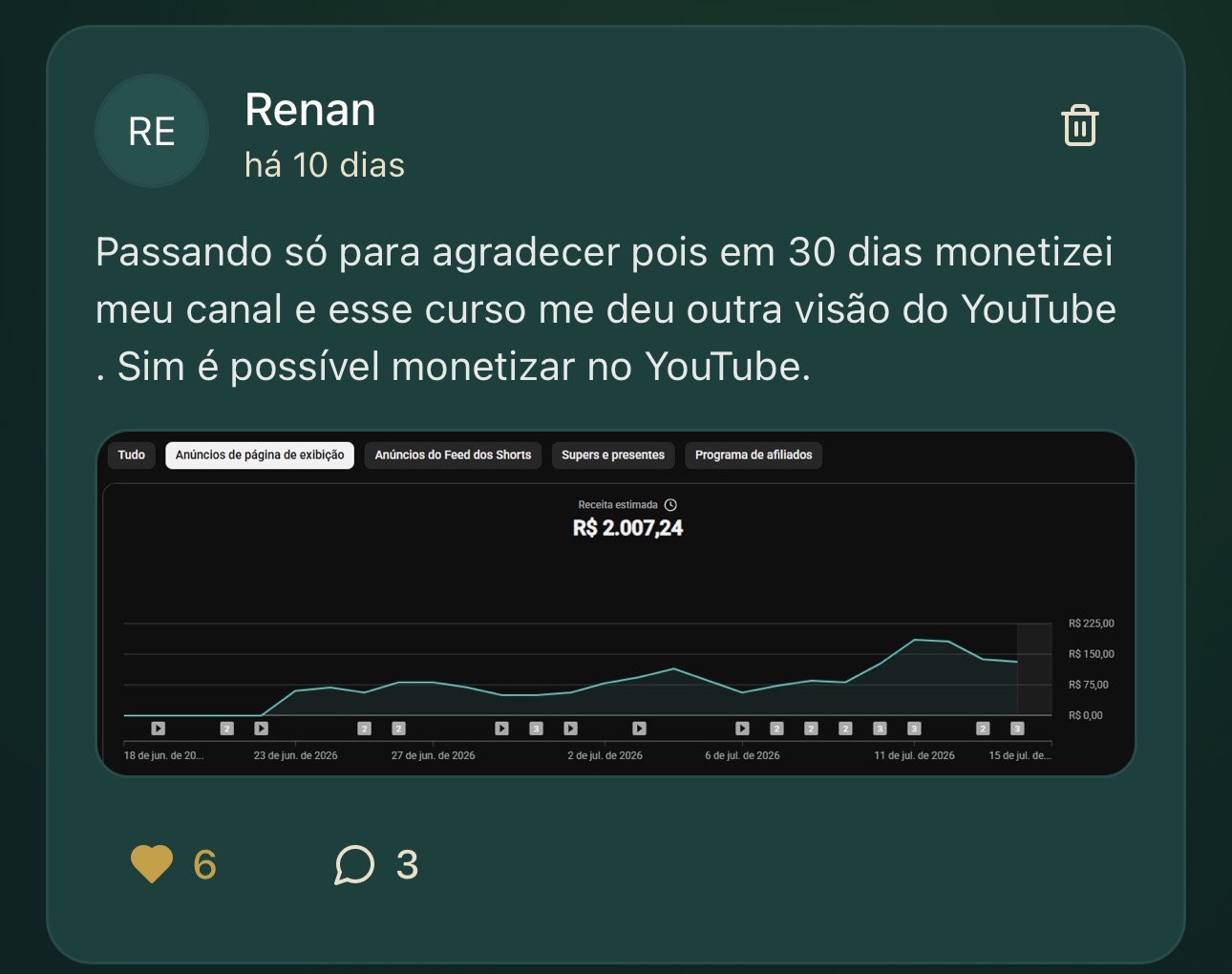 Depoimento de Renan contando que monetizou o canal em 30 dias e mostrando receita estimada de R$ 2.007