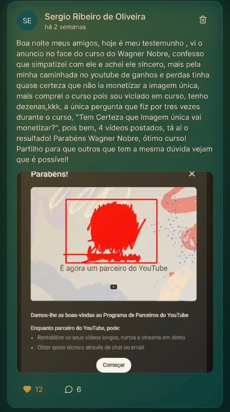 Depoimento de Sergio contando que entrou no Programa de Parceiros do YouTube depois de quatro vídeos