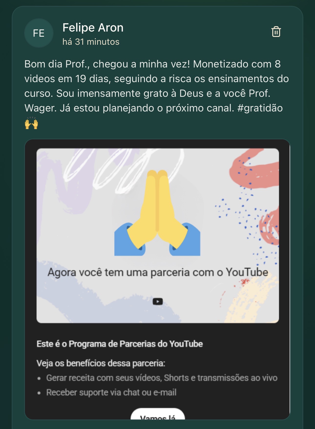 Depoimento de Sergio dentro da comunidade Música Lucrativa
